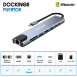 BRobotix Docking Station 8 en 1 USB C, 2x USB 3.0, 1x SD, 1x Micro SD, 1x HDMI, 1x RJ-45, 2x USB C, Plata - Imagen 3