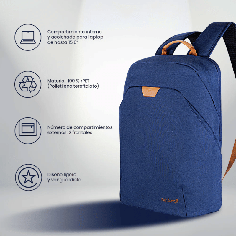 Backpack ECO HERO Techzone de 15.6 , 2 compartimientos, 1 acolchado para laptop, color Azul, GARANTIA LIMITADA DE POR VIDA. - Imagen 4