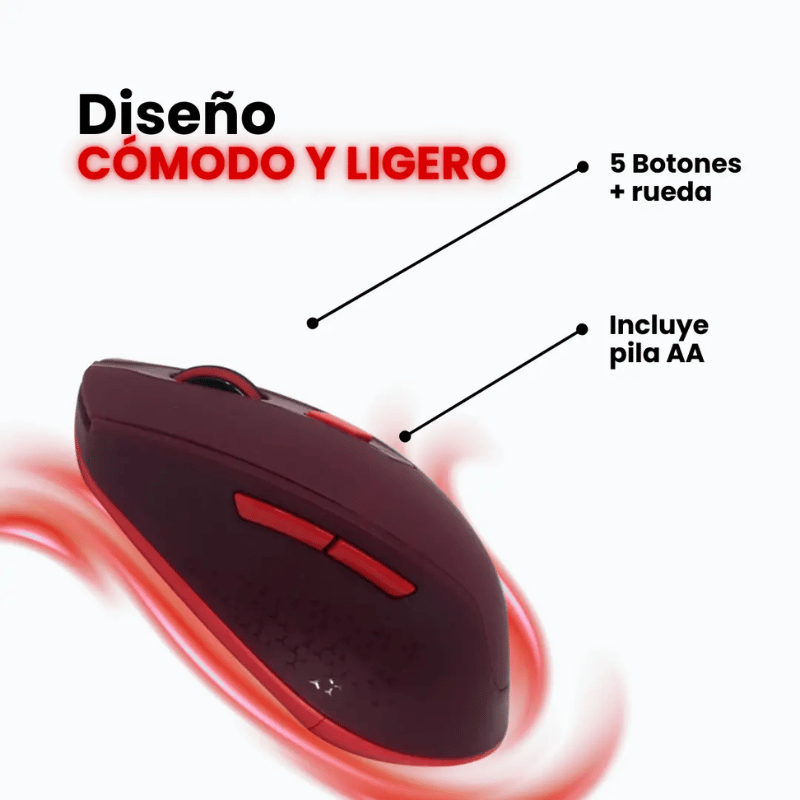 Mouse Ergonómico Naceb NA-0119, Inalámbrico, Óptico, 1.600DPI, RF Inalámbrico, Rojo - Imagen 3