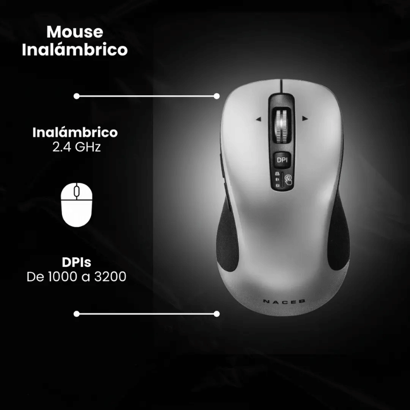 Mouse Ergonómico Naceb NA-0132G, Inalámbrico, Óptico, 3.200DPI, Bluetooth, Negro - Imagen 3