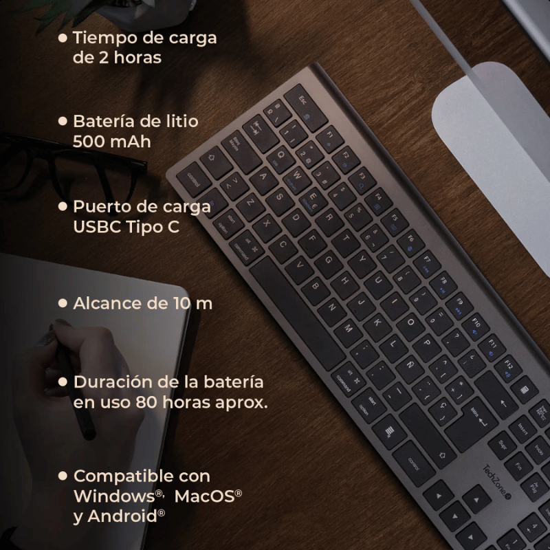 Teclado TechZone Hefestos, Inalámbrico, RF Inalámbrico/Bluetooth, Negro, Español - Imagen 5
